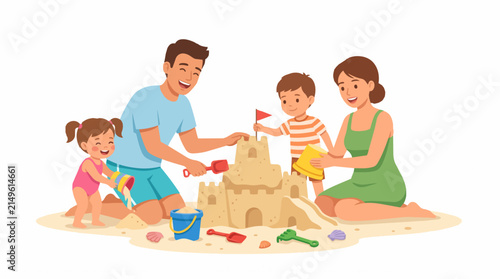 Family Building Sandcastle Together on a Sunny Beach Vacation