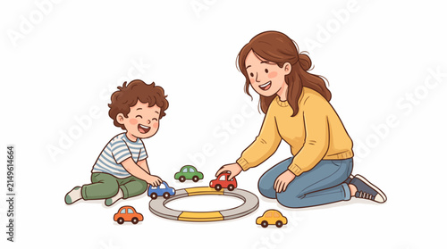 Mother and child playing with toy cars on a circular track