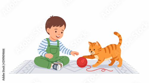 Cute cartoon boy and ginger cat playing with a ball of red yarn on a rug