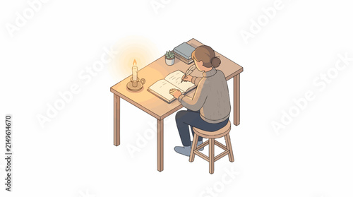 Person writing in a journal by candlelight with a quill pen