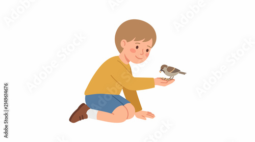 Boy kneeling feeding a small bird seeds from his open hand
