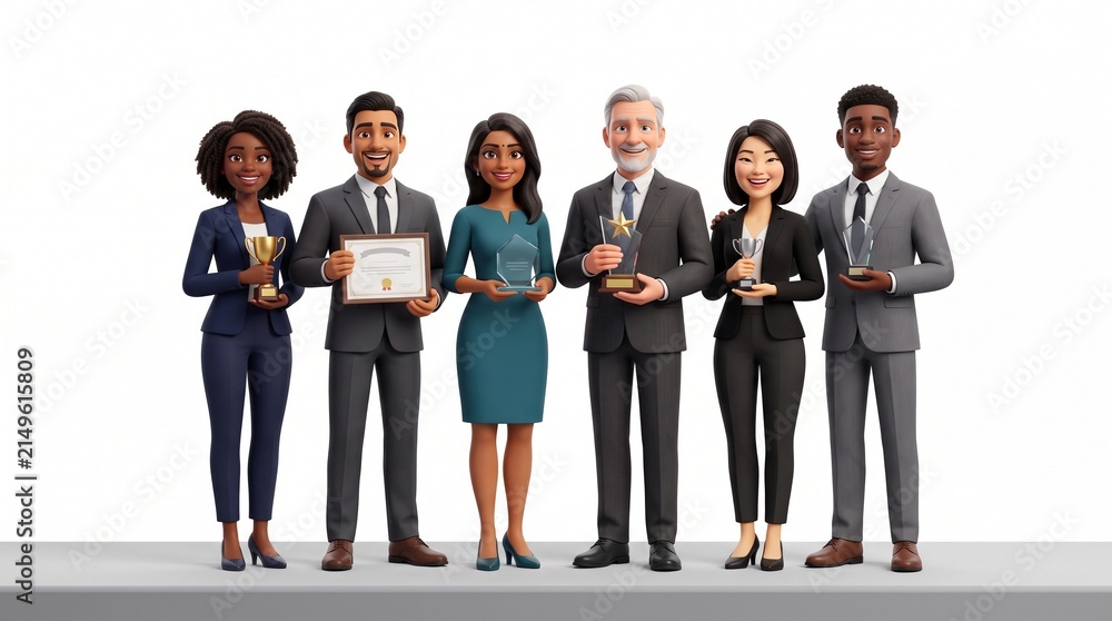 Obraz premium Diverse group of business professionals celebrating achievements with trophies and certificates