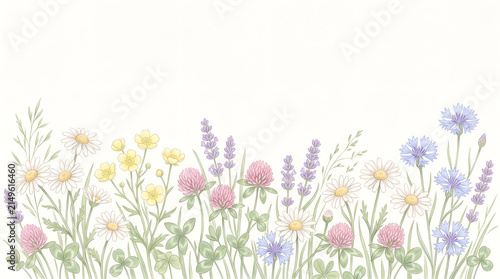 Hand Drawn Watercolor Wildflower Meadow Border with Daisies Lavender and Clover Illustration for Floral Stationery Design