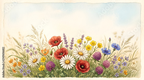 Watercolor wildflower border illustration featuring red poppies, white daisies, and blue cornflowers in a summer meadow landscape