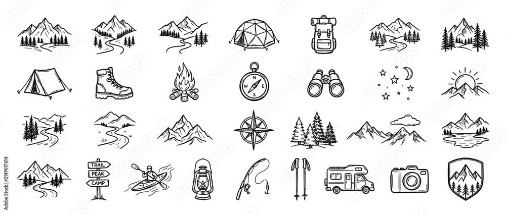 Fototapeta premium Hand-Drawn Outdoor Adventure Icon Set Isolated