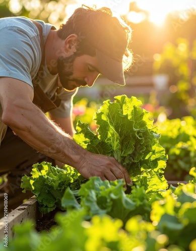 bearded male farmer harvesting fresh green lettuce in a garden at golden hour sunset, sustainable agriculture, healthy food production, farm life