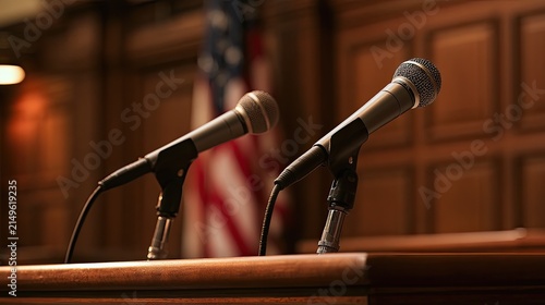 Two microphones poised for testimony in a wood-paneled courtroom