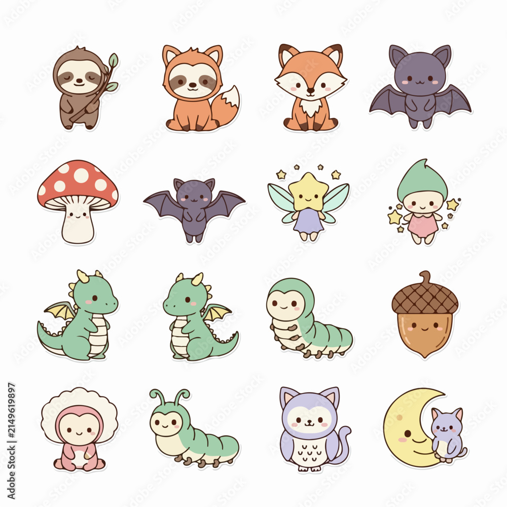 Fototapeta premium Set of cute kawaii forest animal and magical creature illustrations.