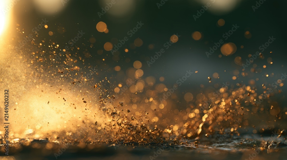 Fototapeta premium Golden dust particles erupting in a sunlit splash, creating motion