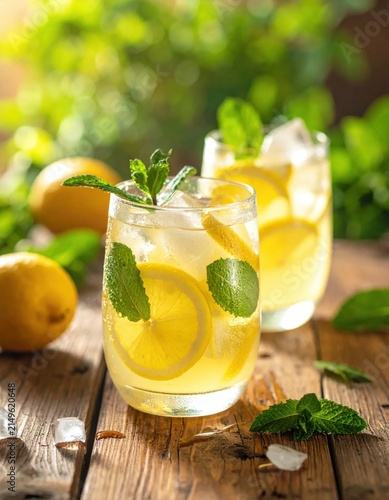 two glasses of refreshing cold lemonade with ice, lemon slices and fresh mint leaves on a rustic wooden table with greenery background