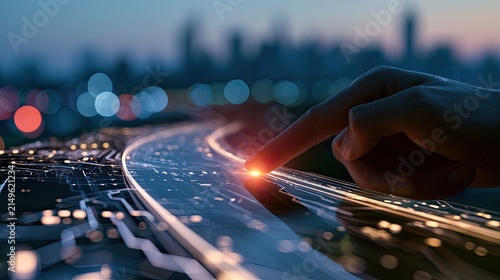 Finger touches glowing light trails on digital circuit pathways toward cityscape