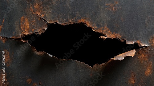 Jagged tear in weathered, rusty metal reveals deep black void