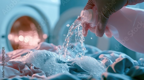 Hand pouring liquid detergent into laundry in front of washing machine