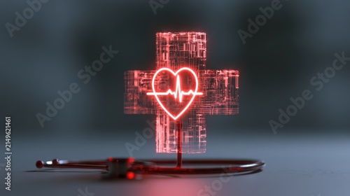 Red neon heart EKG on digital cross, with stethoscope