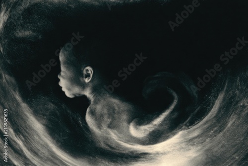 Fetal form emerges from swirling, ethereal darkness and light