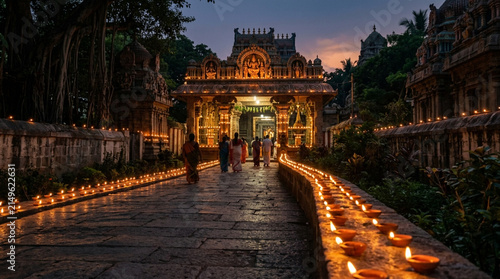 A stunning view of a beautifully illuminated temple during the diwali festival