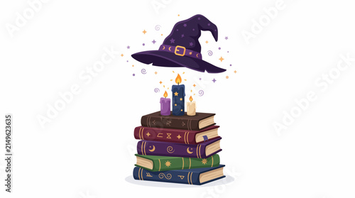 Floating witch hat over stack of enchanted spell books and burning candles