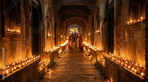 A stunning view of diwali celebrations with rows of glowing diyas illuminating the path