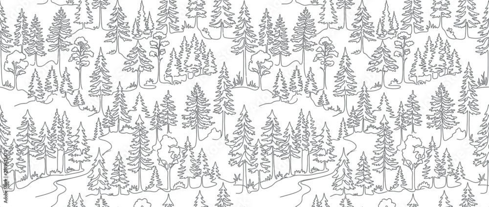 Fototapeta premium Abstract Forest Pattern with Trees and Hills Line Art