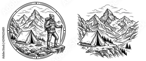 Bild auf Leinwand Hiker with Tent in Mountain Landscape, Sketch Style