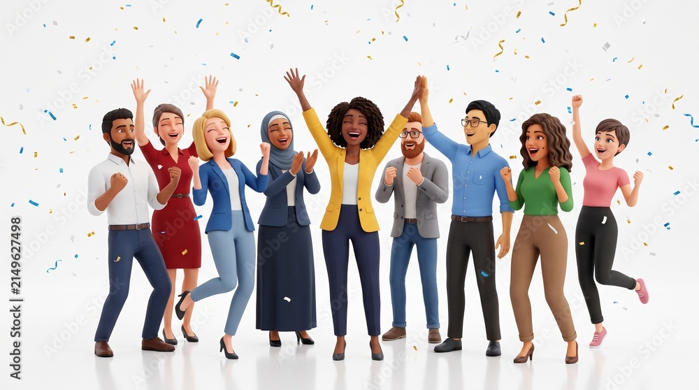 Obraz premium Diverse group of people celebrating success with confetti falling around them