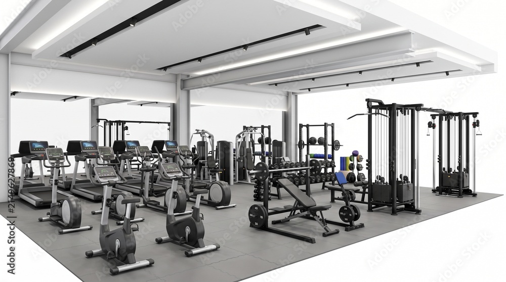 Fototapeta premium Modern Gym Interior with Cardio Machines Weightlifting Equipment and Strength Training Stations