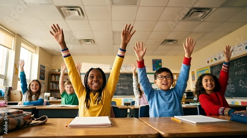 Children in classroom raising hands to answer questions during a school lesson