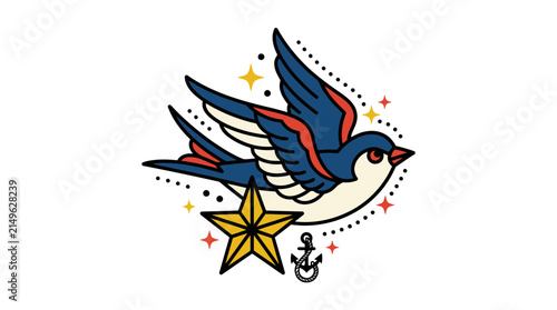 Nautical Tattoo Style Swallow Bird Flying with Star and Anchor