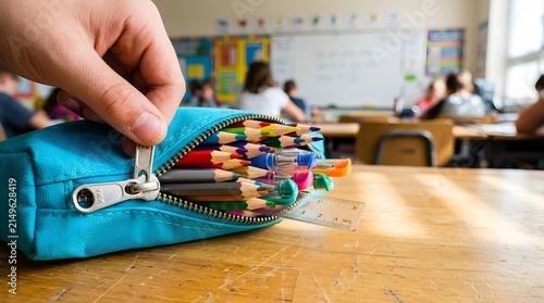 School setting with colorful pencils in a pencil case and students in background