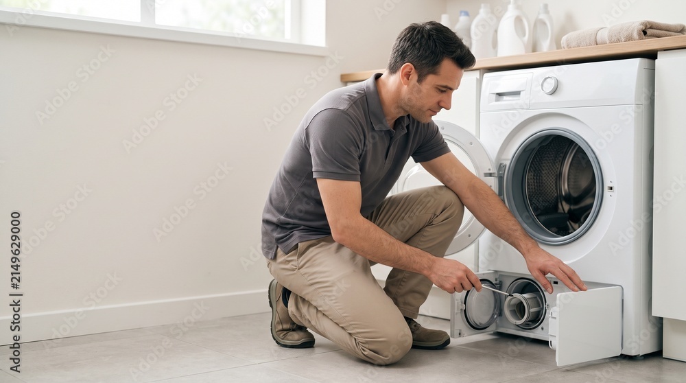 Fototapeta premium Washing machine repair technician inspecting drain filter during home appliance maintenance service in modern laundry room