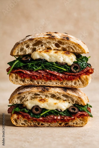 Gourmet ciabatta sandwich with melted mozzarella and salami, toasted italian panini with spinach and olives, rustic deli food
