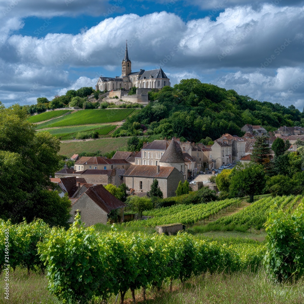 Fototapeta premium A scenic landscape featuring a historic village nestled at the foot of a hill, topped by an old stone church, surrounded by lush green vineyards under a dramatic cloudy sky.