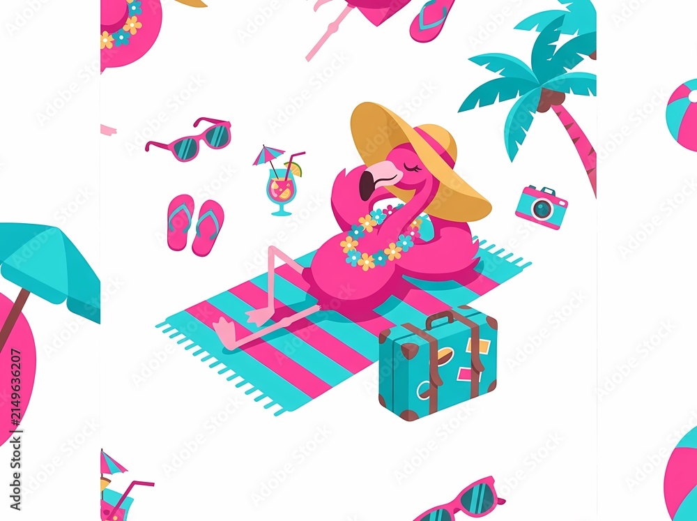 Fototapeta premium Summer vacation seamless pattern with cute pink flamingo.