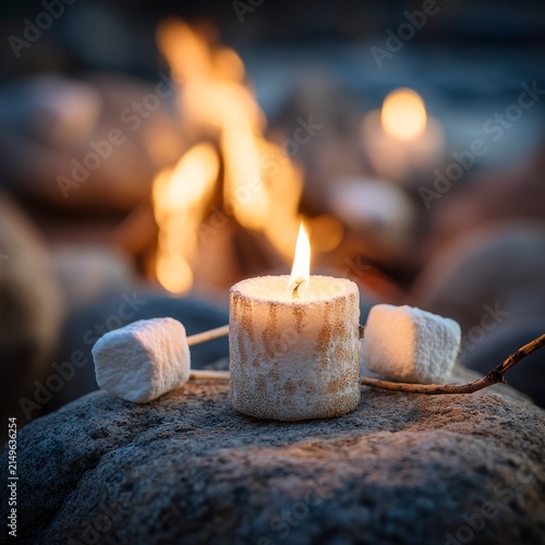 A small, textured candle burning on a rock next to two white marshmallows on sticks, with a blurry campfire burning in the background during twilight.