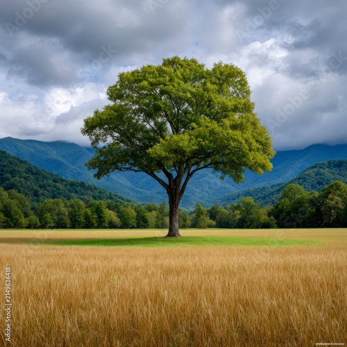 A solitary, large green tree standing in the center of a golden meadow against a backdrop of distant blue mountains under a dramatic, cloudy sky.