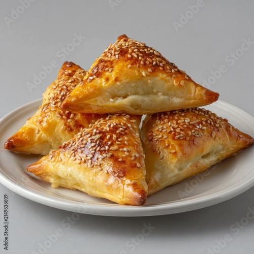 A stack of golden-brown triangular savory pastries topped with sesame seeds, arranged on a white ceramic plate against a light gray background.