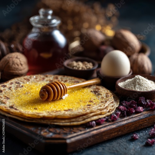 A stack of thin, golden-brown pancakes served on a wooden board with a honey dipper, fresh eggs, bowls of flour and grains, walnuts, and dried berries in a rustic kitchen setting.