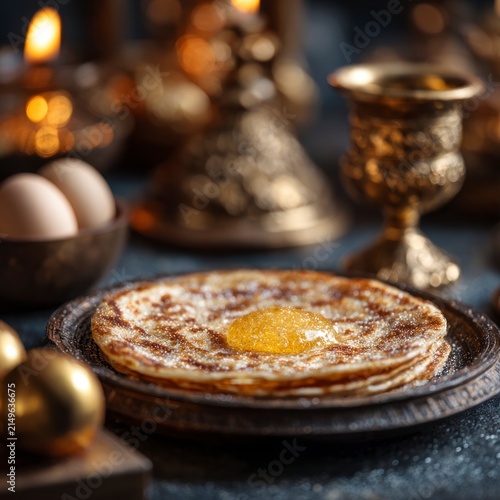 A stack of thin, golden-brown pancakes served on an ornate vintage metal plate, topped with a glistening dollop of honey or fruit preserve, surrounded by soft candlelit decor and rustic accents.