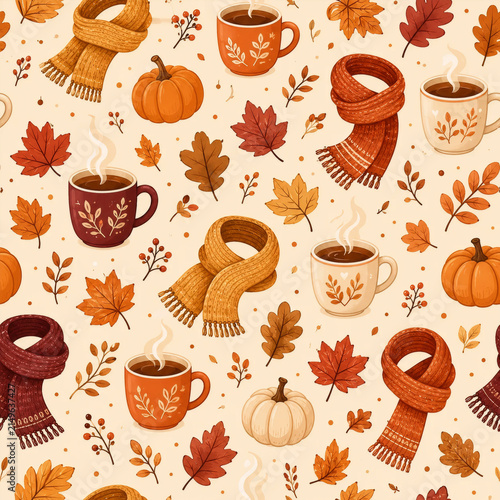 Cozy Autumn Seamless Pattern with Pumpkins Hot Drinks Scarves and Leaves