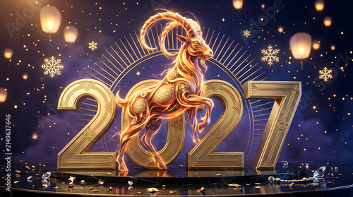 Elegant golden goat figurine with glowing 2027 numerals and festive ornaments, Chinese zodiac New Year celebration, luxury holiday greeting, prosperity, and success.