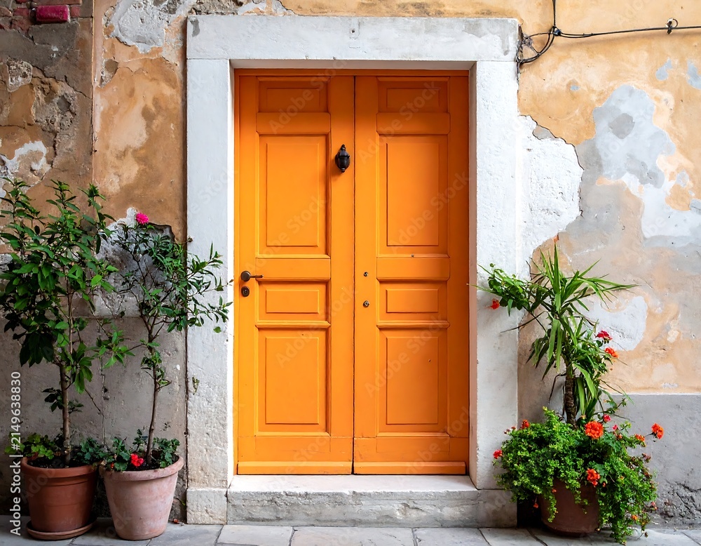 Fototapeta premium Golden wooden door with potted plants on steps.