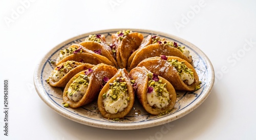 Cream-filled qatayef pancakes topped with crushed pistachios and rose petals on white background.