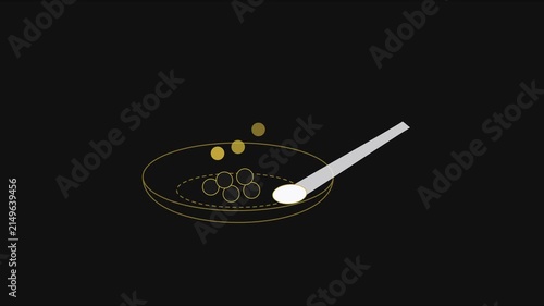Minimalist spoon and bowl animation with golden spheres on 4k black background, motion spoon