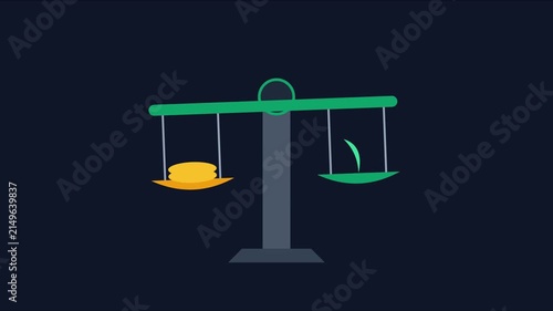 Money vs nature balance scale animation: environmental sustainability and economic growth concept 4k