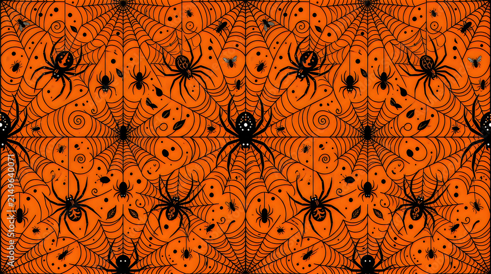 Halloween seamless pattern with spider web. Black spiders on orange background with jack o lantern pumpkins. Horror illustration for autumn decoration