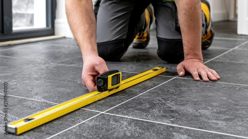 Worker measures tiled floor with tape measure and level during installation. Kneeling technician checks tile alignment on dark ceramic surface