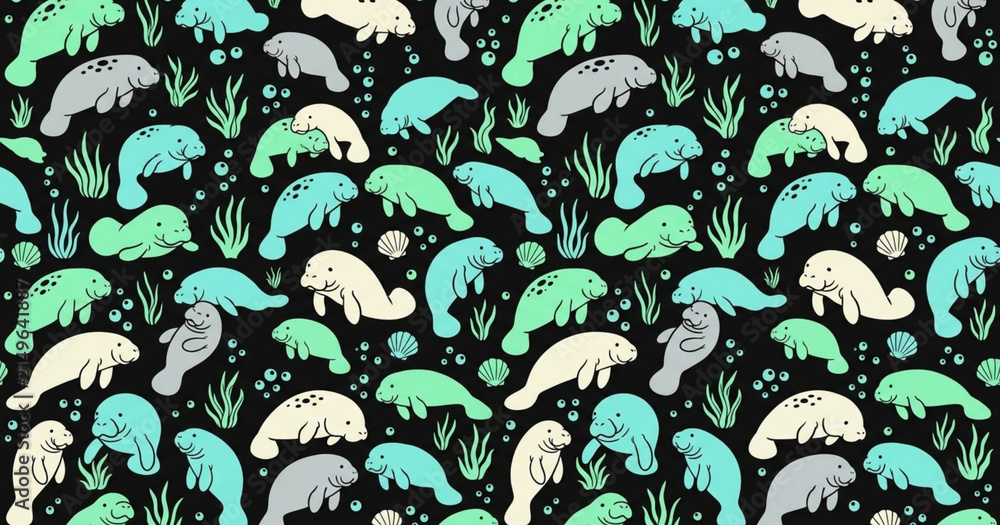Gentle manatees and underwater plants seamless pattern