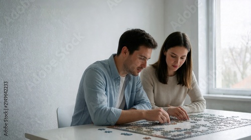 Young couple sitting at a table together, smiling while assembling a jigsaw puzzle