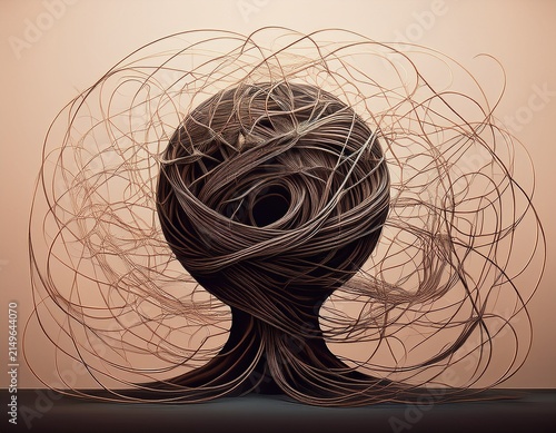 Abstract sculpture of a tangled sphere made of dark metallic threads