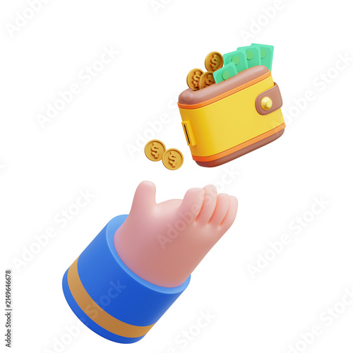 Fotografie 3D money savings wallet coins hand financial banking success wealth